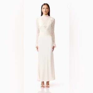 elliatt margot ivory white long sleeve sheer lace & satin maxi gown dress large